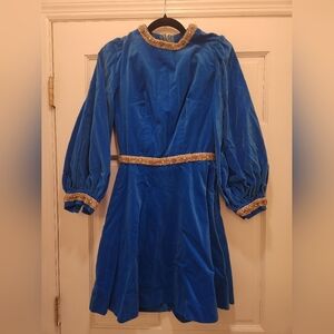 Vintage Blue Velvet Puff Sleeve Mini Dress S 60s 70s Boho